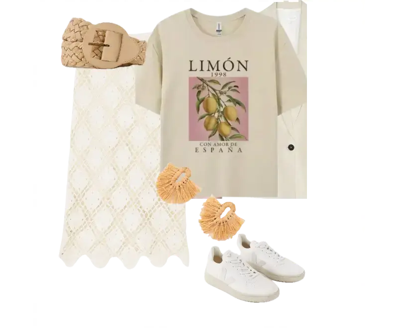 camiseta bege Limón 1998, saia longa de crochê branco, cinto trançado bege, tênis branco, brincos de ráfia