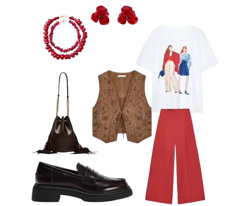 camiseta branca de malha estampada, colete marrom texturizado, calça pantalona vermelha, mocassim de couro marrom escuro, bolsa de ombro em couro marrom com alça em corrente, colar, brincos vermelhos