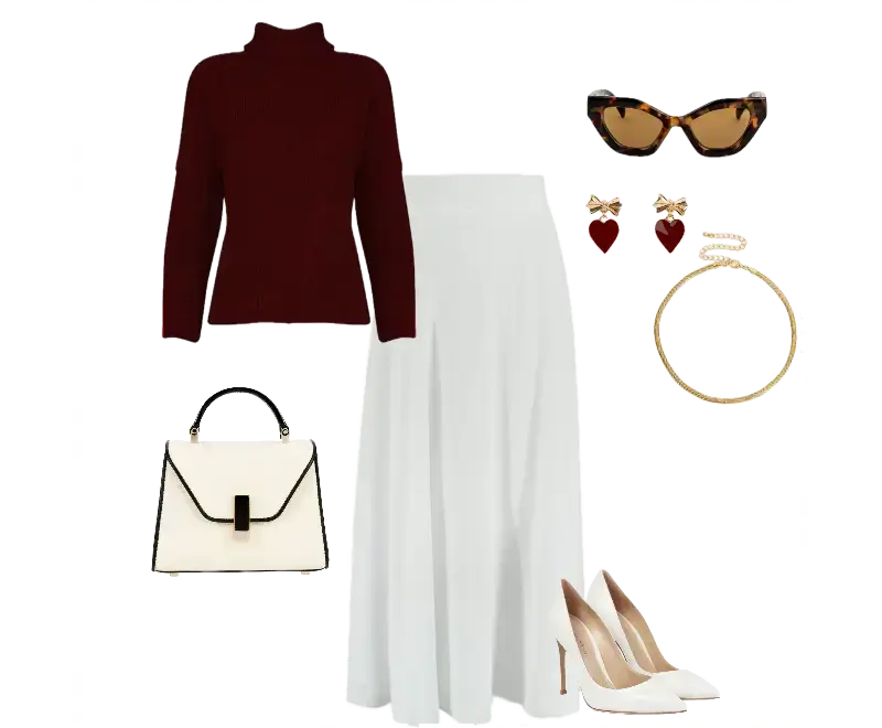 suéter de gola alta em malha bordô, saia midi branca, scarpins de couro nude, brincos de coração vermelhos, bracelete dourado, óculos de sol com armação tartaruga, bolsa estruturada off-white