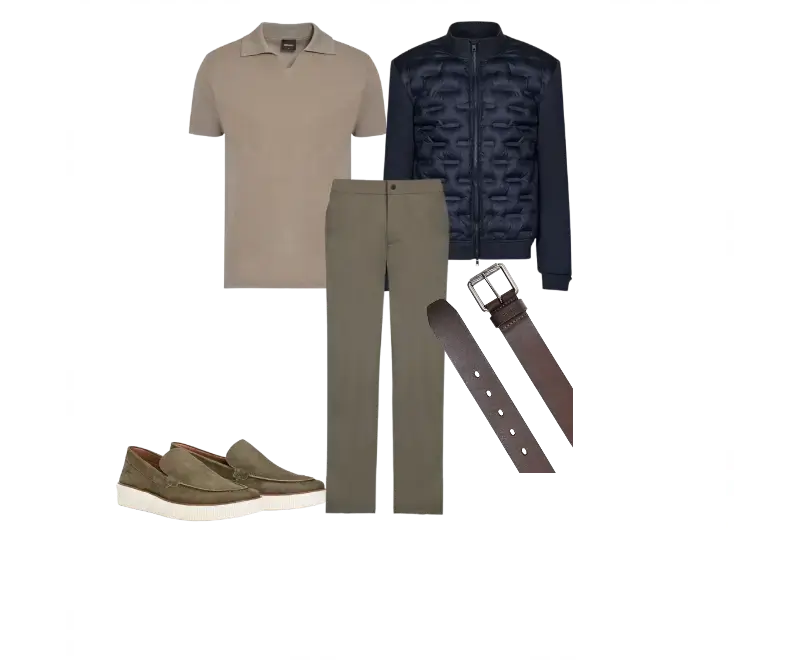 polo bege, jaqueta bomber azul marinho, calça chino verde oliva, mocassim em camurça verde musgo, cinto de couro marrom