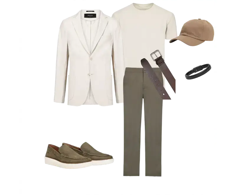 blazer branco, camiseta branca básica, calça chino verde oliva, mocassim em camurça verde, cinto de couro marrom, boné marrom claro, bracelete preto
