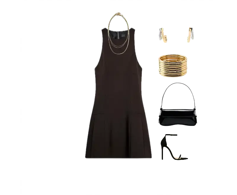 vestido preto sem mangas, colar dourado de correntes, sandálias salto alto pretas, bolsa estruturada preta de couro, brincos dourados minimalistas, pulseiras douradas