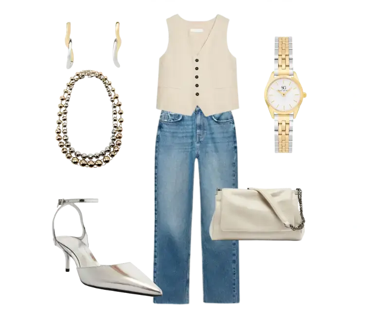 Colete bege, jeans lavagem clara, sapatos prateados de salto alto em couro, bolsa clutch bege com corrente metálica, brincos pendentes dourados, colar em camadas dourado, relógio bicolor exuberante