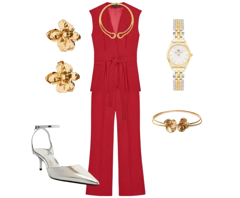 macacão vermelho com cinto ajustável, sapatos de salto prateados em couro, colar dourado, brincos dourados em forma de flor, pulseira dourada em forma de flor, relógio bicolor
