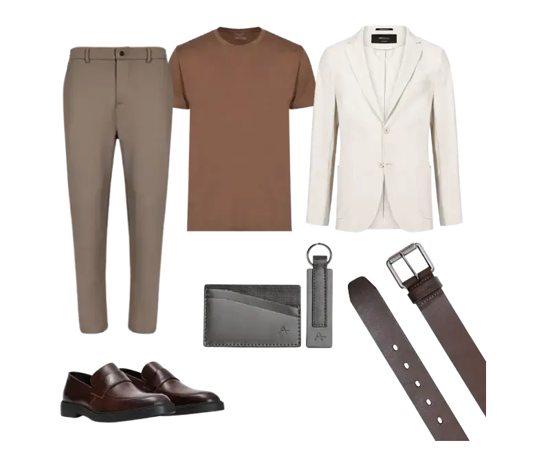 camiseta marrom, blazer branco, calça bege, sapatos de couro marrom escuro, cinto de couro marrom, porta-cartões cinza, chaveiro de couro