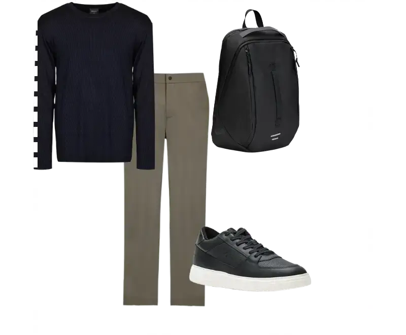 suéter de tricô preto, calça de alfaiataria bege, tênis de couro preto, mochila preta minimalista