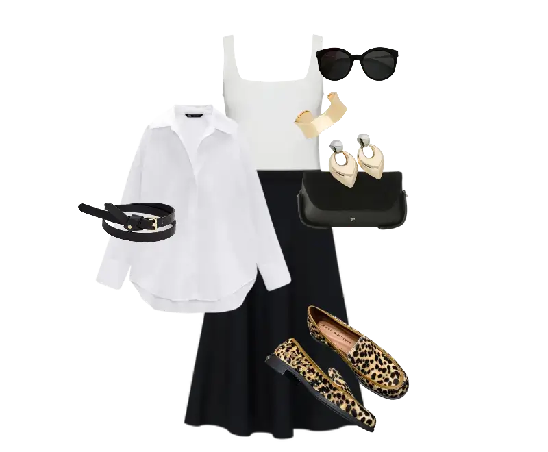 regata branca com alças largas, camisa branca de botão, saia preta midi, loafers estampa de oncinha, cinto preto discreto, brincos de argola dourados, óculos de sol grandes, mini bolsa preta