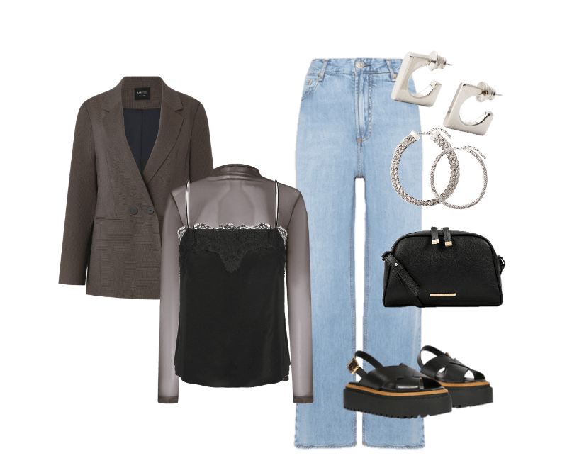 blazer marrom xadrez, blusa preta seda, calça jeans clara, sandália plataforma preta, bolsa preta estruturada, brincos geométricos brancos, argolas prateadas.