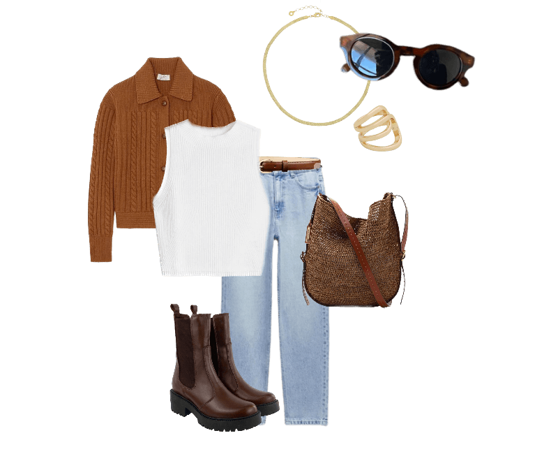 suéter marrom, blusa branca, calça jeans clara, botas marrons, bolsa entrelaçada, óculos de sol, colar dourado, anel dourado.