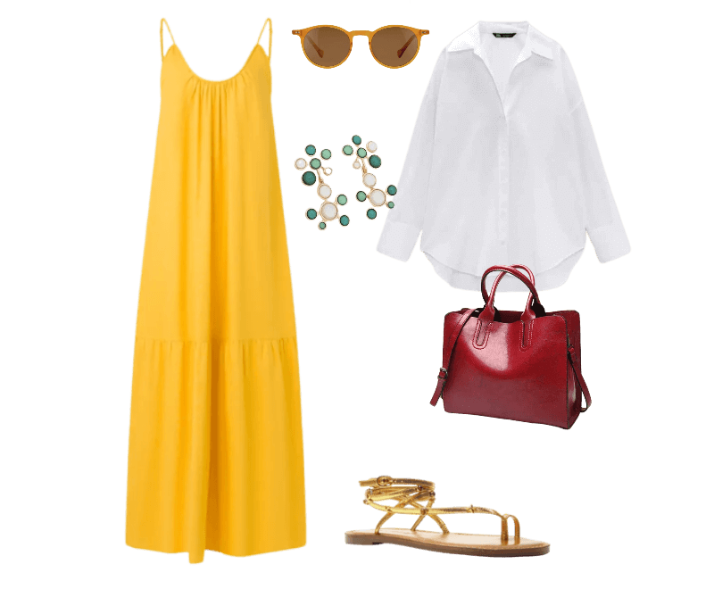 vestido amarelo longo, camisa branca, sandálias douradas, brincos coloridos, óculos de sol, bolsa vermelha