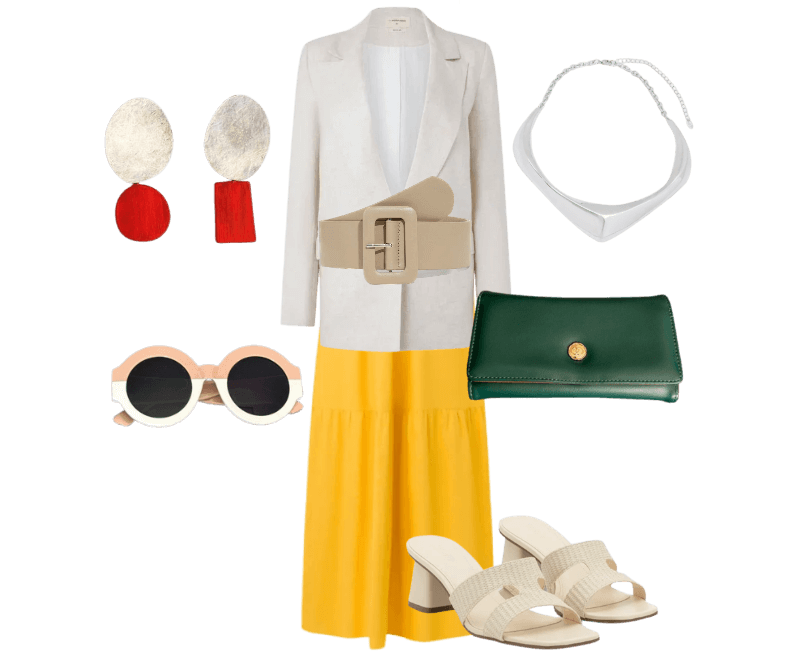 blazer branco, saia amarela, cinto bege, bolsa verde, sandálias bege, brincos dourados/vermelhos, óculos de sol retrô, colar branco