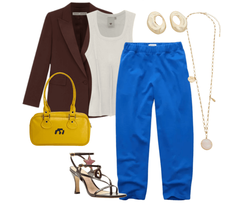 blazer marrom, regata branca, calça azul, sandália com ornamentos, bolsa amarela, brincos dourados, colar dourado.