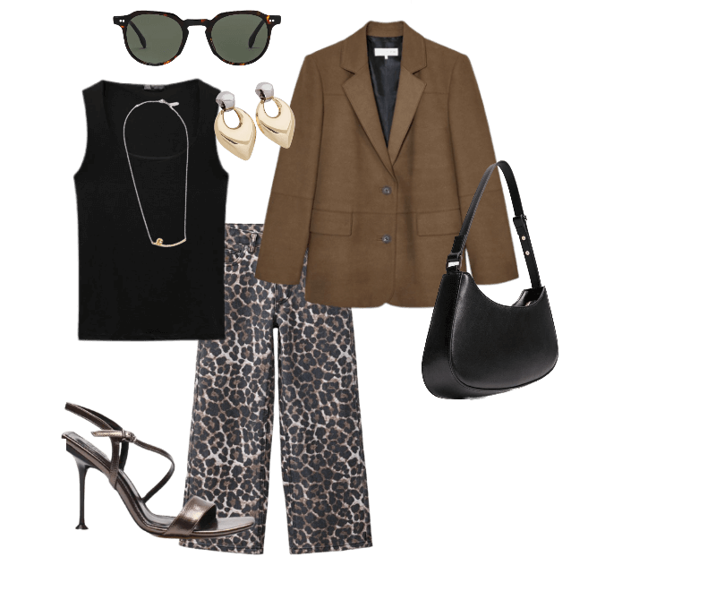 jaqueta marrom, top preto, calça animal print, sandálias metalizadas, bolsa preta, óculos de sol, brincos dourados