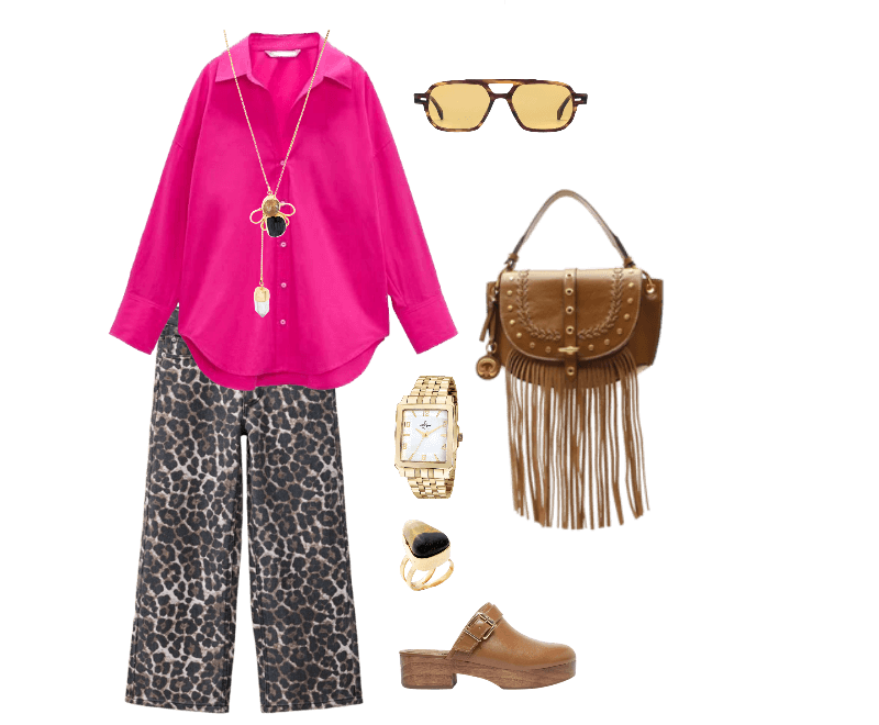 blusa fúcsia oversized, calça leopardo ampla, mule marrom, bolsa marrom franja, colar dourado, óculos de sol marrom, relógio dourado, anel preto.