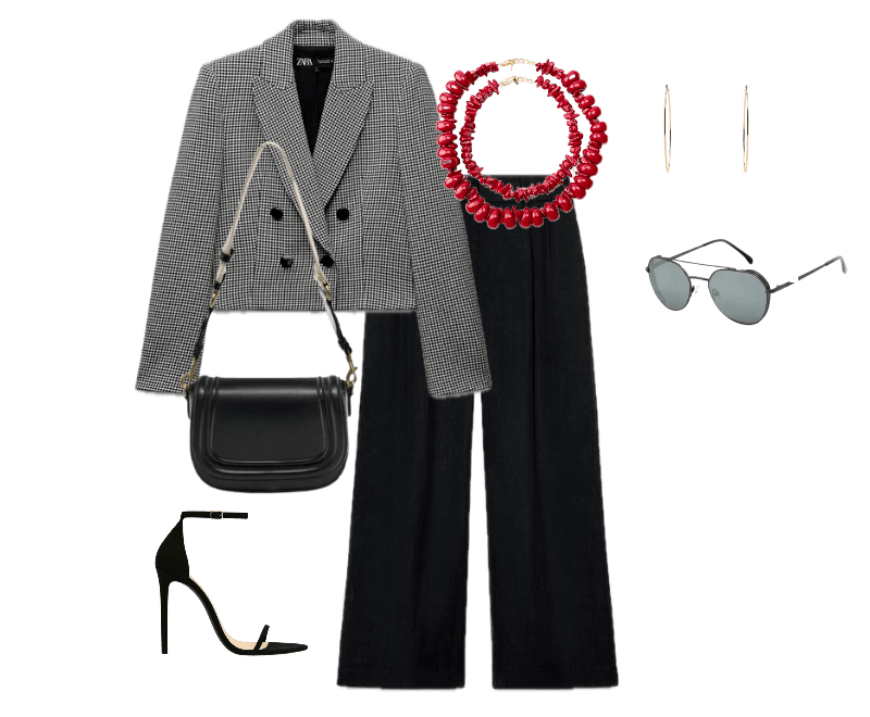 blazer xadrez cropped, calça preta alfaiataria, sapatos preto salto, bolsa preta, colar vermelho, óculos de sol preto, brincos dourados.