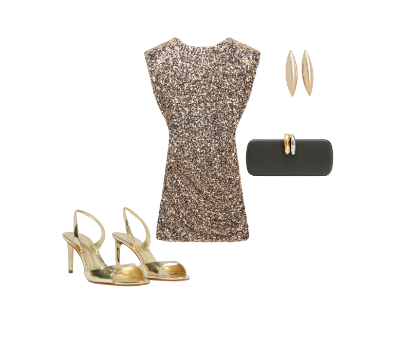 vestido dourado de paetês, sandálias douradas de salto, clutch preta, brincos dourados