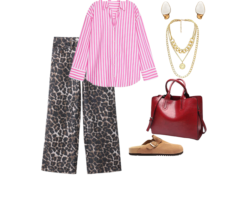 camisa rosa listrada, calça oncinha, mocassim bege, bolsa vermelha, colar dourado, brincos dourados