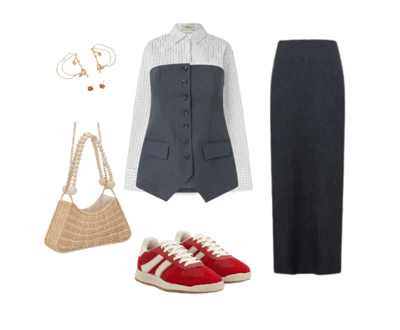 camisa branca listrada, colete cinza, saia longa cinza, tênis vermelho, bolsa de palha, brincos dourados
