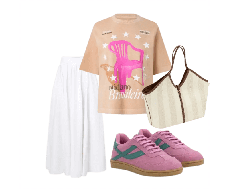 camiseta bege gráfica, saia longa branca, tênis lilás, bolsa listrada de lona.