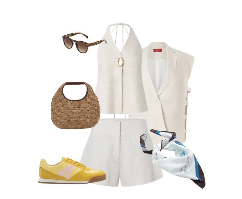 colete branco, top branco, short branco, óculos de sol estampado, bolsa de palha, lenço azul claro, tênis amarelo.