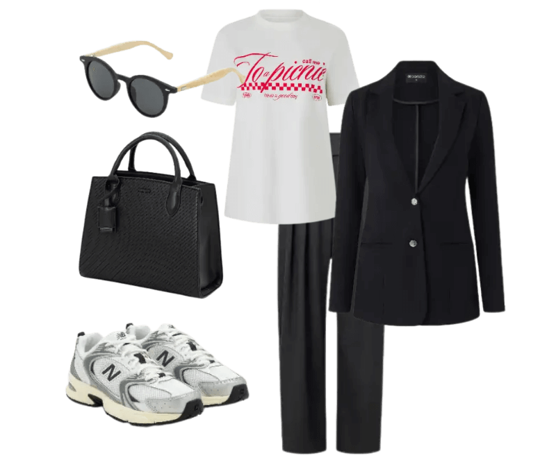 camiseta branca gráfica, calça preta alfaiataria, tênis branco esportivo, blazer preto, óculos de sol preto, bolsa preta estruturada