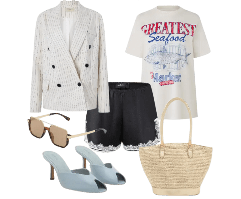 blazer off-white, camiseta branca, shorts pretos, mule azul, óculos de sol quadrados, bolsa de palha