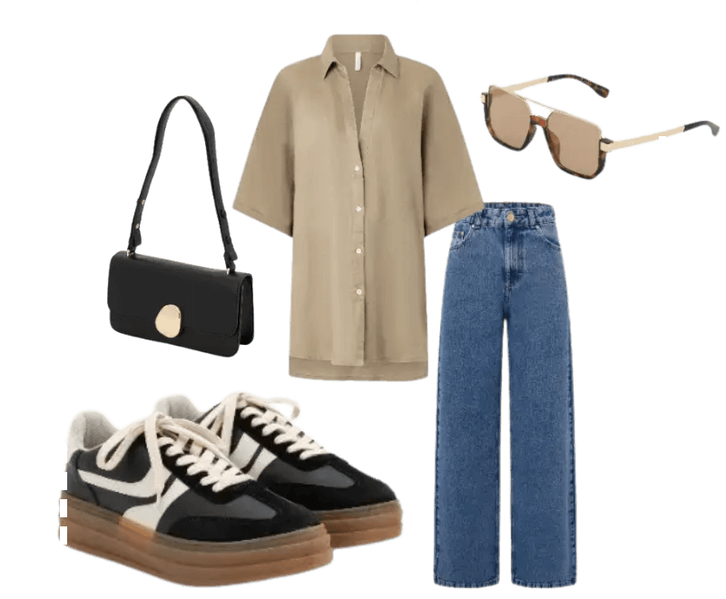 camisa bege oversized, calça jeans reta, tênis preto, bolsa preta, óculos de sol marrom.