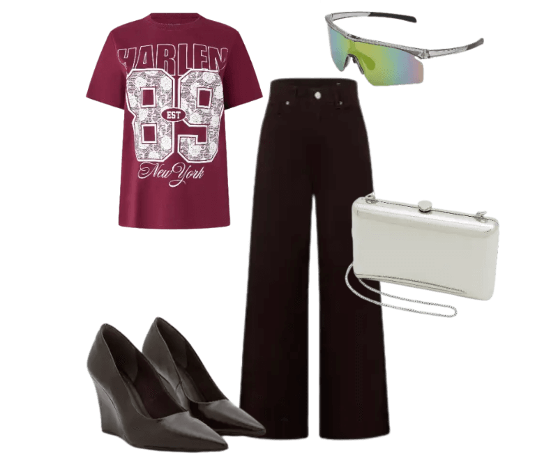 camiseta bordô oversized, calça preta alfaiataria, sapatilhas pretas, bolsa branca pequena, óculos de sol espelhados