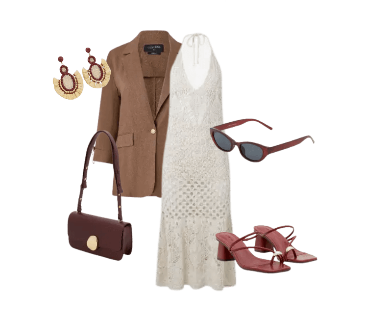 vestido branco rendado, blazer marrom, sandálias bordô, bolsa bordô, óculos de sol preto, brincos dourados