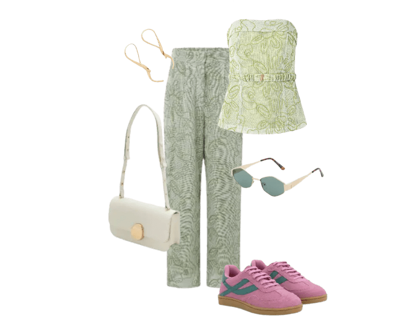 top verde tomara que caia, calça verde estampada, tênis rosa, bolsa branca, óculos de sol, brincos dourados