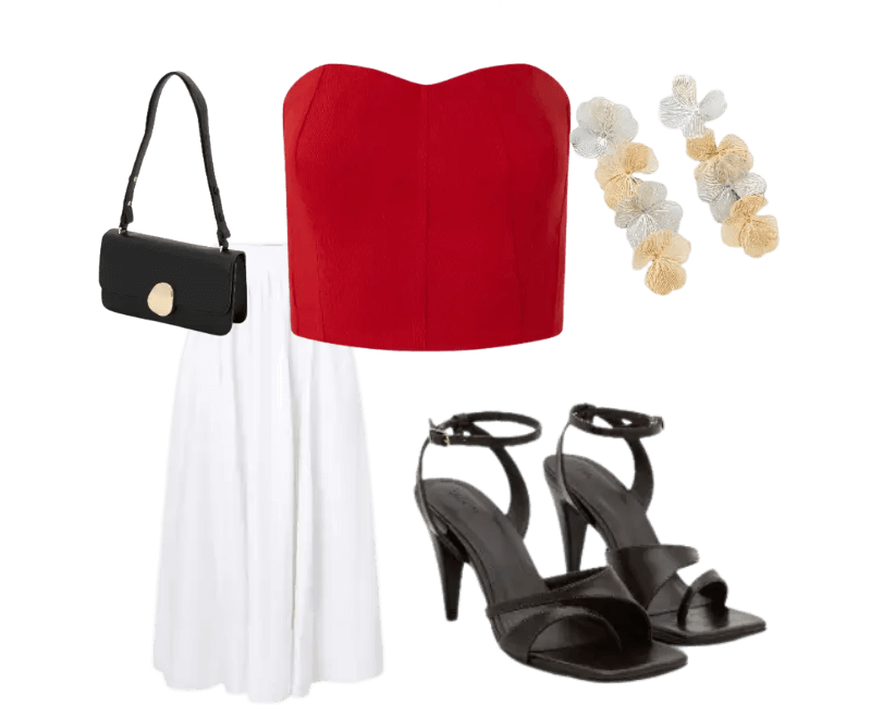top vermelho, saia branca midi, sandália preta salto alto, bolsa preta estruturada, brincos delicados