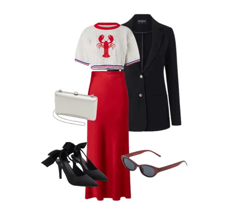 blusa branca com estampa, saia vermelha, blazer preto, bolsa branca, sapatos pretos, óculos escuros