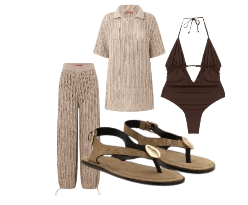 camisa bege tricô, calça bege tricô, maiô marrom, sandálias rasteiras bege