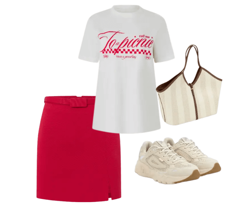 camiseta branca estampada, saia vermelha, tênis bege, bolsa listrada bege