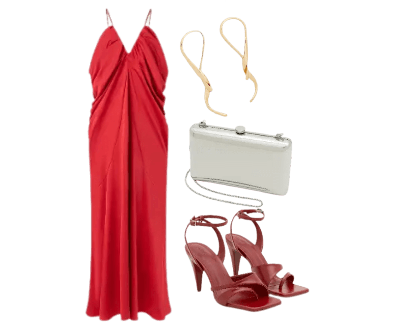 vestido vermelho longo, sandálias vermelho salto, clutch branca, brincos dourados