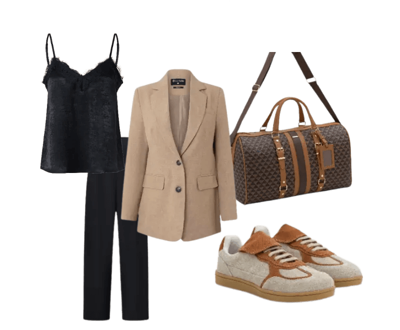 blazer bege, top preto de renda, calça preta, tênis bege e marrom, bolsa grande estampada