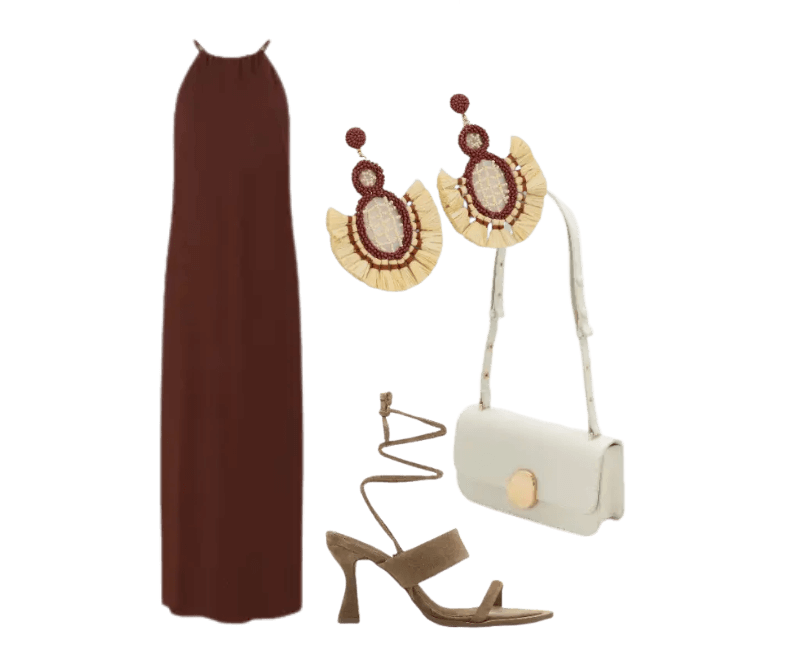 vestido marrom longo, brincos grandes multicoloridos, sandália marrom amarração, bolsa creme pequena