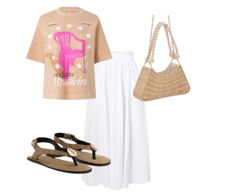 camiseta bege estampada, saia longa branca, sandálias pretas, bolsa de palha bege