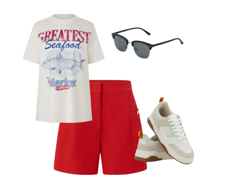 camiseta branca estampada, short vermelho, tênis off-white, óculos escuros preto