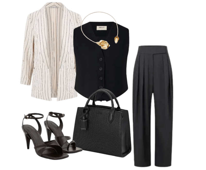 blazer listrado, colete preto, calça alfaiataria preta, sandálias salto preto, bolsa preta, colar dourado