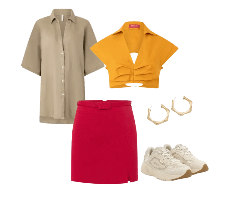camisa bege oversized, cropped mostarda, saia vermelha, tênis off-white, brincos dourados