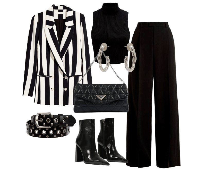 blazer listrado preto e branco, top sem mangas preto, calça preta, botas pretas envernizadas, bolsa preta acolchoada, cinto cravejado preto, brincos prateados
