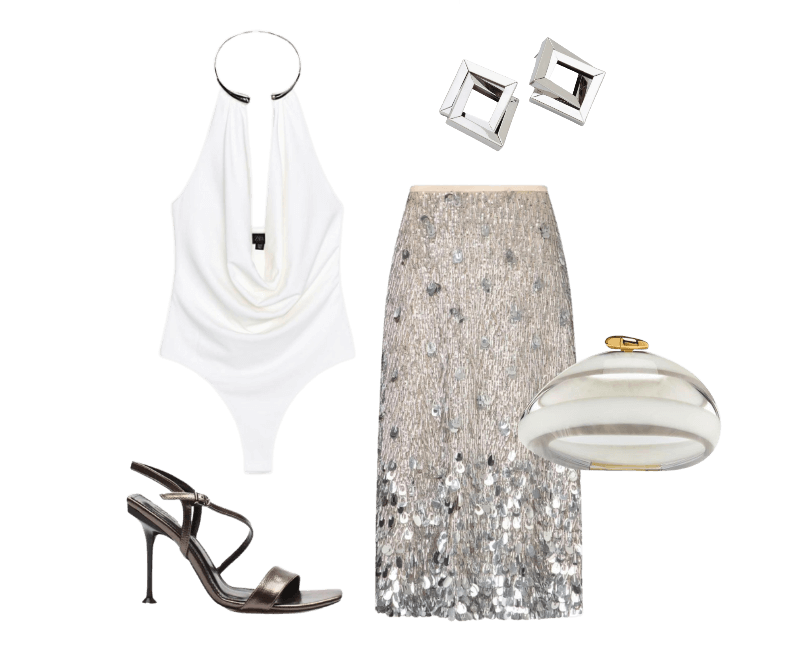 body branco decotado, saia prateada de paetês, sandálias metálicas, clutch perolada, brincos prateados geométricos