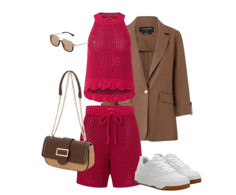 conjunto vermelho crochê, blazer marrom, tênis branco, bolsa couro marrom, óculos de sol dourado