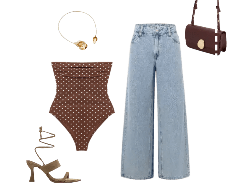bodysuit marrom de bolinhas, calça jeans de perna larga azul, sandália nude de tiras, bolsa marrom, colar dourado