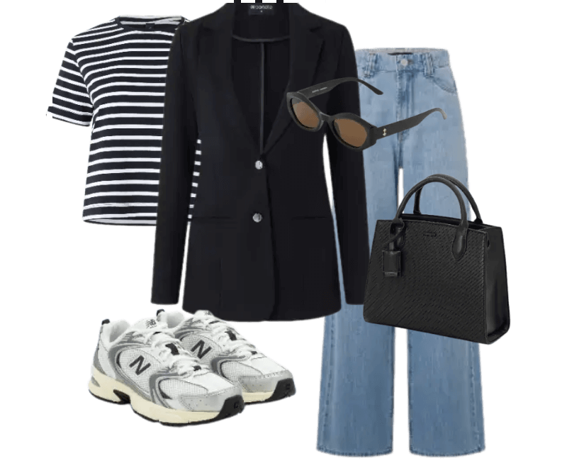 camiseta listrada preta e branca, blazer preto, jeans azul claro, tênis branco, bolsa preta, óculos de sol preto