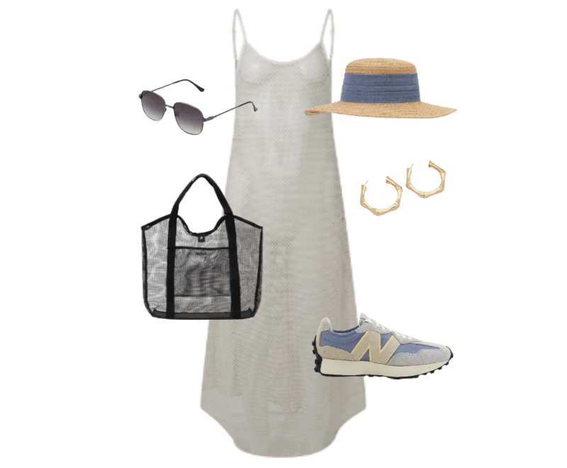 vestido branco longo, chapéu palha, óculos sol preto, tote preta, tênis cinza claro, brincos dourados