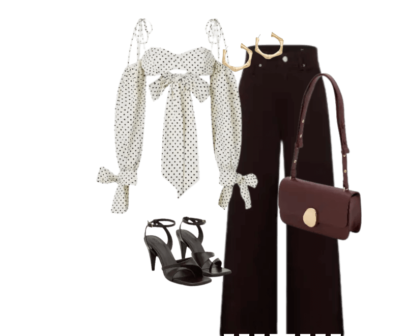 blusa branca poás, calça preta alfaiataria, sandália preta salto, bolsa vinho, argolas douradas