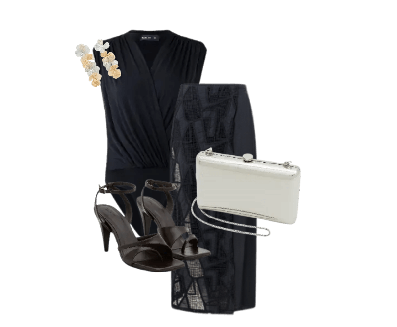 vestido preto drapeado, sandálias pretas salto, clutch branca, brincos dourados