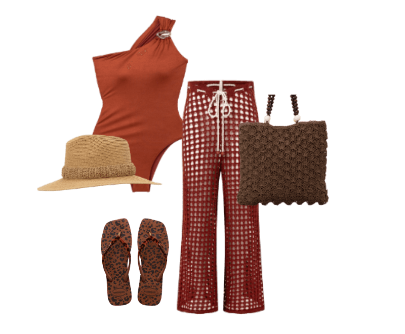 body terracota, calça vermelha xadrez, sandálias estampadas, chapéu de palha, bolsa marrom crochê.